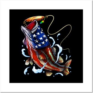 Bass Fishing - American Flag - Fourth Of July Posters and Art